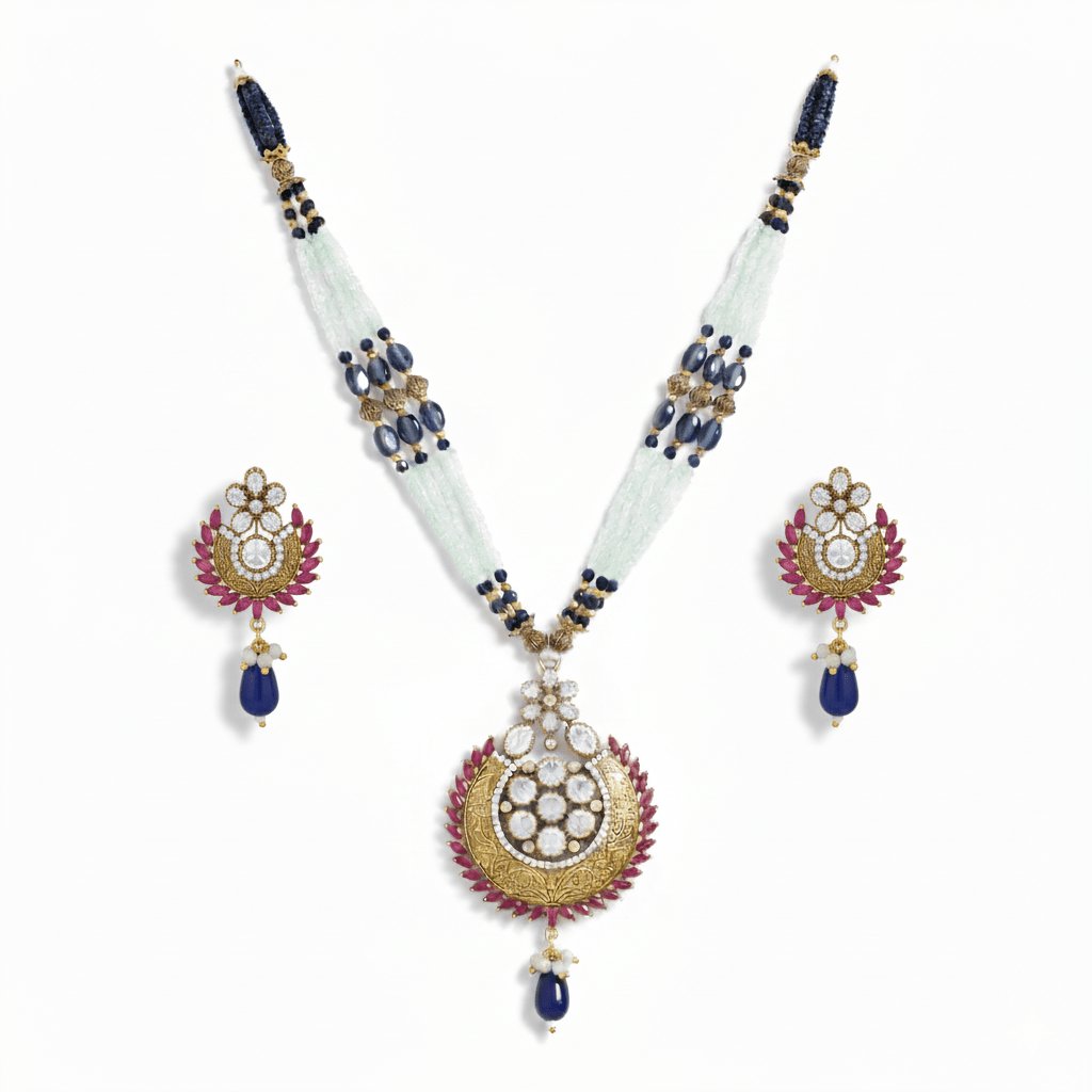 Designer Beaded Pendant Necklace with Matching Earrings