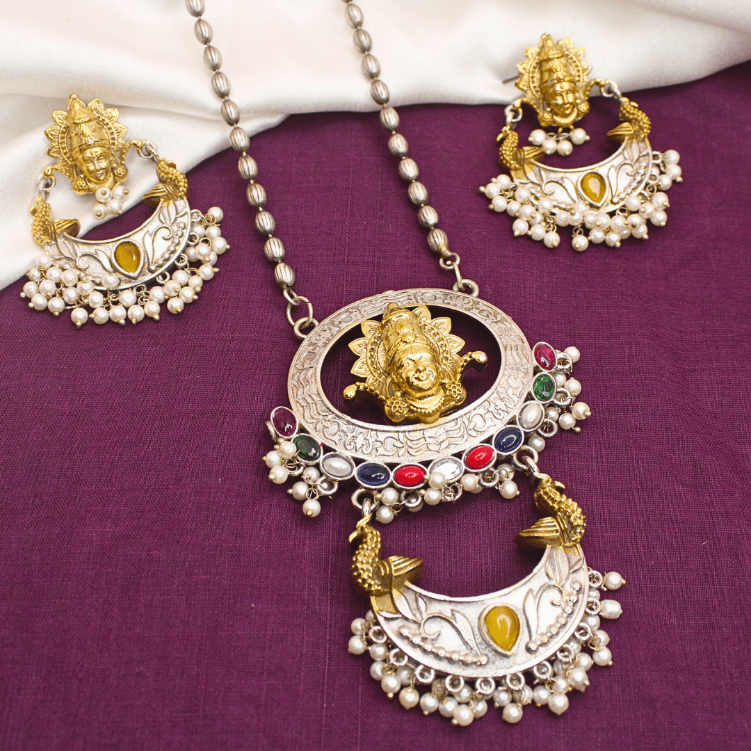 DEVI DUAL - TONE PENDANT SET - NAVRATNA