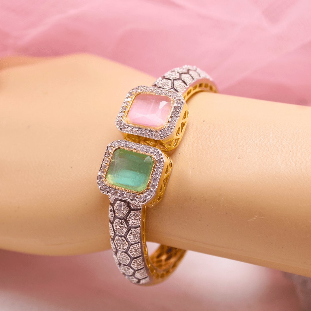DIAMOND LOOK ALIKE BRACELET GOLDEN POLISH-PINK & MINT