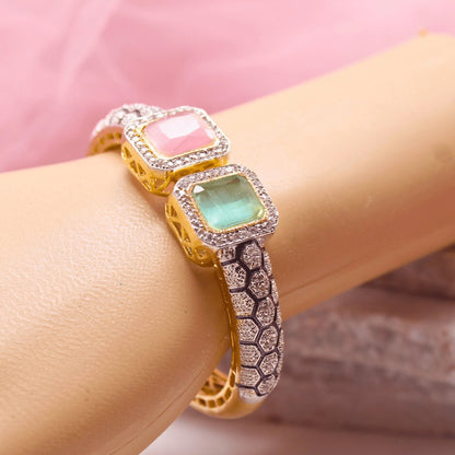 DIAMOND LOOK ALIKE BRACELET GOLDEN POLISH-PINK & MINT