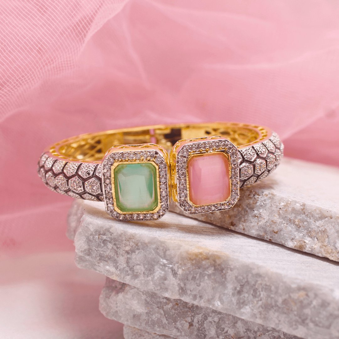 DIAMOND LOOK ALIKE BRACELET GOLDEN POLISH-PINK & MINT