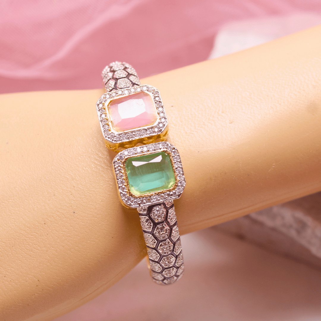 DIAMOND LOOK ALIKE BRACELET GOLDEN POLISH-PINK & MINT