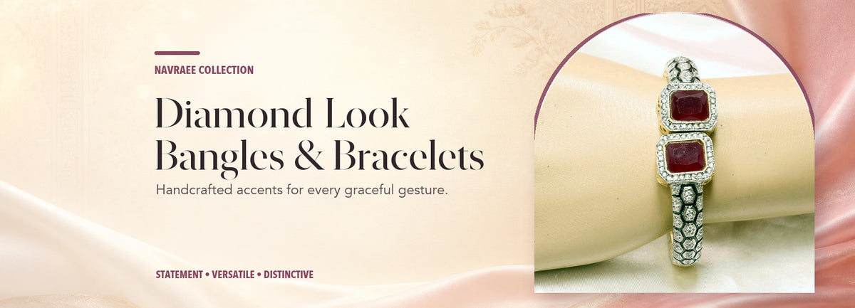 Diamond-Look Bangles & Bracelets collection header banner featuring Diamond Look Alike Bracelet Golden Polish-Red
