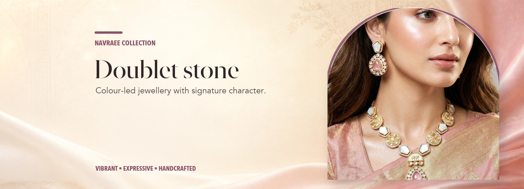 Doublet stone collection header banner featuring Celebrity-Inspired Pink Doublet Stone Necklace Set With Mother Of Pearl Detailing