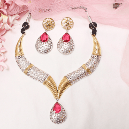 DUAL - TONE CUTWORK NECKLACE SET - RUBY RED