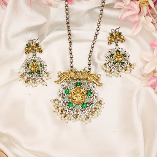 DUAL-TONE LAXMI PENDANT SET- MINT & GREEN