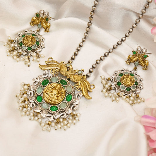 DUAL-TONE LAXMI PENDANT SET- MINT & GREEN