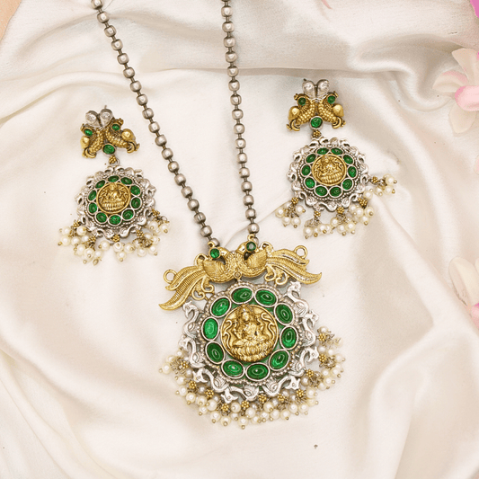 DUAL - TONE LAXMI PENDANT SET - GREEN