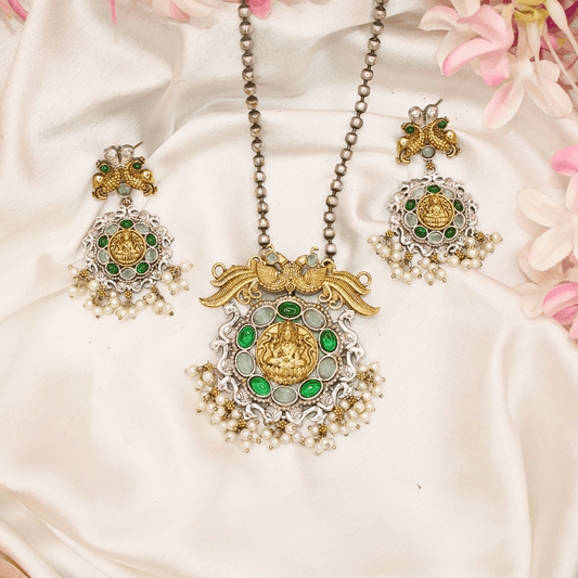 DUAL - TONE LAXMI PENDANT SET - MINT & GREEN