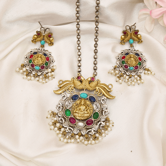 DUAL - TONE LAXMI PENDANT SET - NAVRATNA