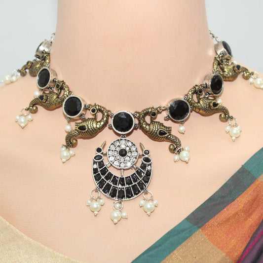 DUAL - TONE MAYURA CHAND NECKLACE - BLACK