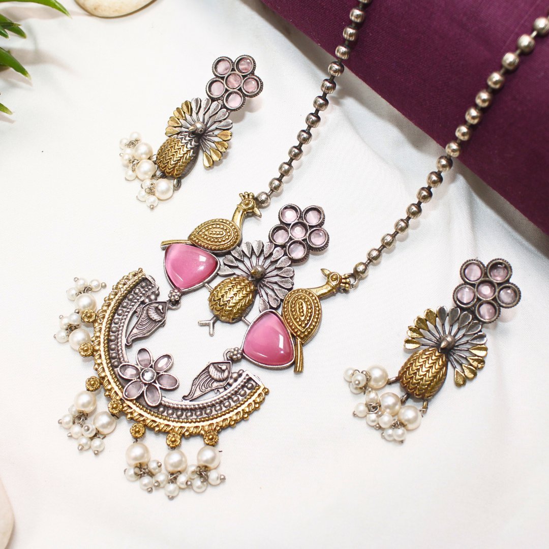 Dual Tone Peacock Pendant Set – Baby Pink