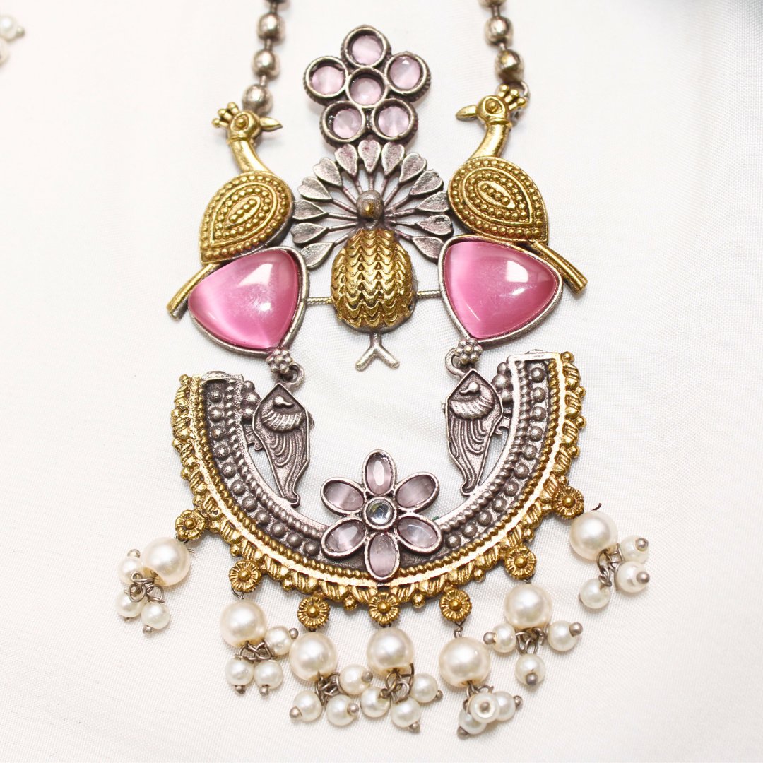 Dual Tone Peacock Pendant Set – Baby Pink