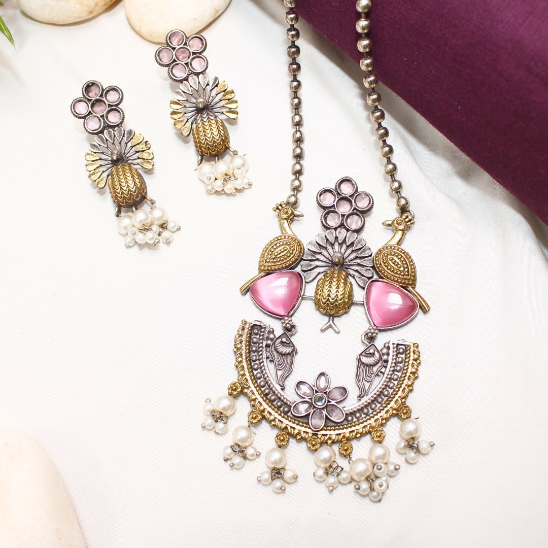 Dual Tone Peacock Pendant Set – Baby Pink