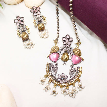 Dual Tone Peacock Pendant Set – Baby Pink