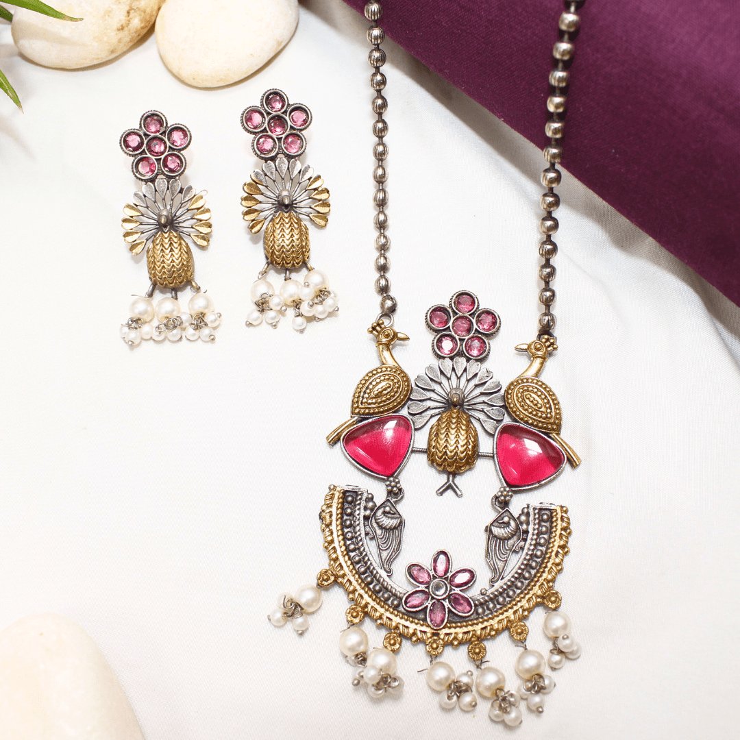 Dual Tone Pendant Set with Wine Red Stones