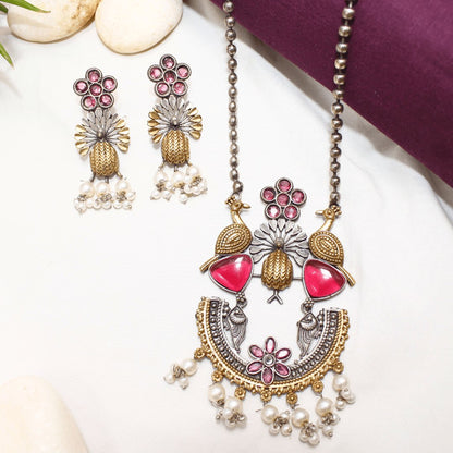 Dual Tone Pendant Set with Wine Red Stones