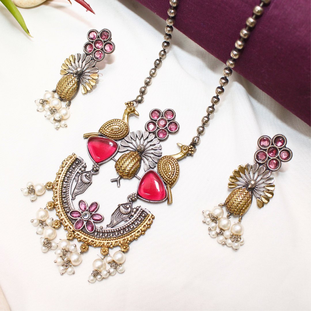 Dual Tone Pendant Set with Wine Red Stones