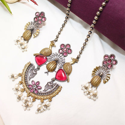 Dual Tone Pendant Set with Wine Red Stones