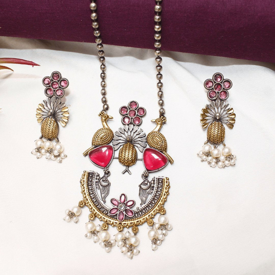 Dual Tone Pendant Set with Wine Red Stones