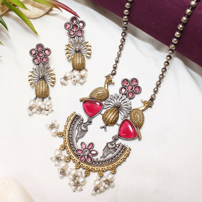 Dual Tone Pendant Set with Wine Red Stones