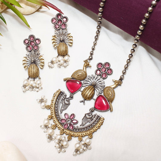 Dual Tone Pendant Set with Wine Red Stones