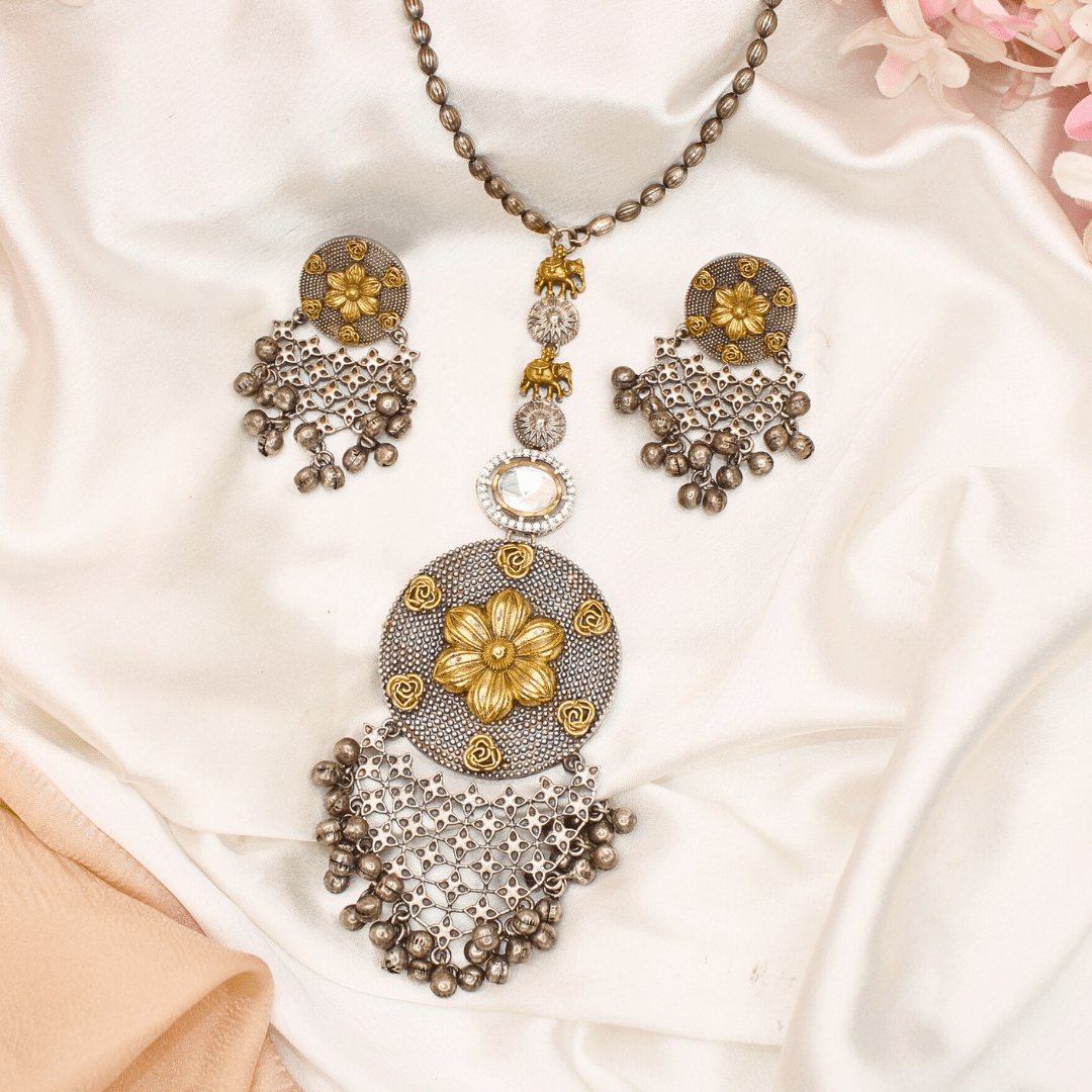 DUAL-TONE POLKI PENDANT SET-OVAL