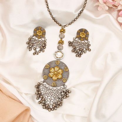 DUAL-TONE POLKI PENDANT SET-OVAL