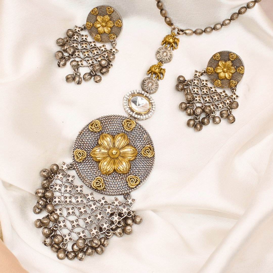 DUAL-TONE POLKI PENDANT SET-OVAL