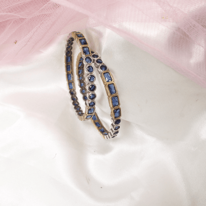 DUAL - TONE ROUND & SQUARE STONE BANGLES - SET OF 2 - BLUE