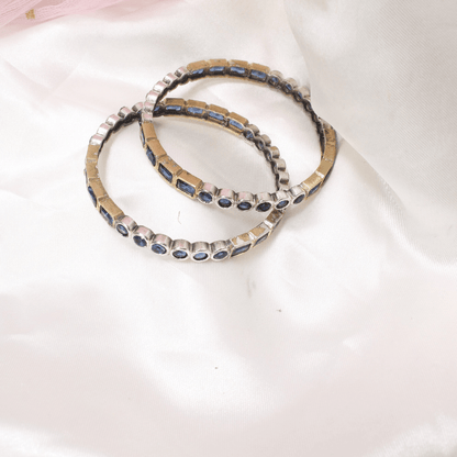 DUAL - TONE ROUND & SQUARE STONE BANGLES - SET OF 2 - BLUE