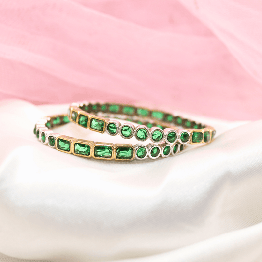 DUAL - TONE ROUND & SQUARE STONE BANGLES - SET OF 2 - green