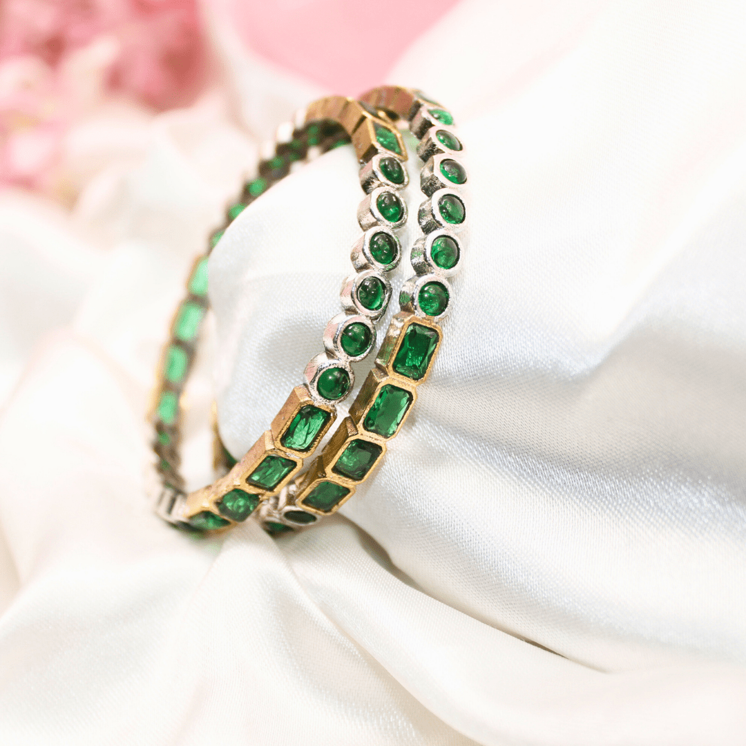 DUAL - TONE ROUND & SQUARE STONE BANGLES - SET OF 2 - green