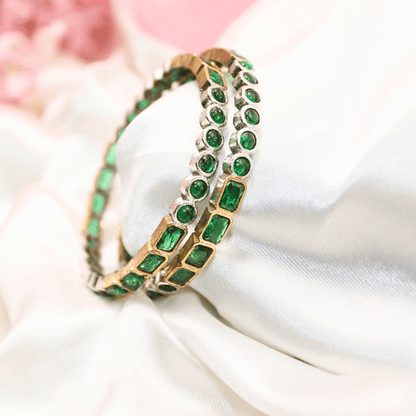 DUAL - TONE ROUND & SQUARE STONE BANGLES - SET OF 2 - green