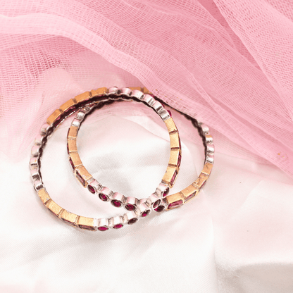 DUAL - TONE ROUND & SQUARE STONE BANGLES - SET OF 2 - ruby