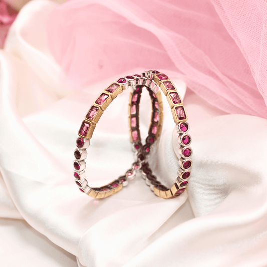DUAL - TONE ROUND & SQUARE STONE BANGLES - SET OF 2 - ruby