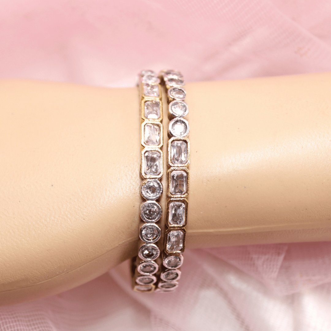 DUAL-TONE ROUND & SQUARE STONE BANGLES-transparent