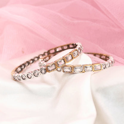 DUAL-TONE ROUND & SQUARE STONE BANGLES-transparent