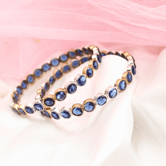 DUAL - TONE ROUND STONE BANGLES - SET OF 2 - blue