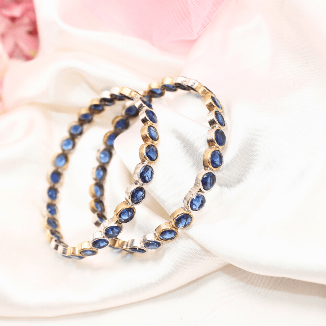 DUAL - TONE ROUND STONE BANGLES - SET OF 2 - blue