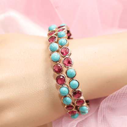 DUAL - TONE ROUND STONE BANGLES - SET OF 2 - Turq&ruby