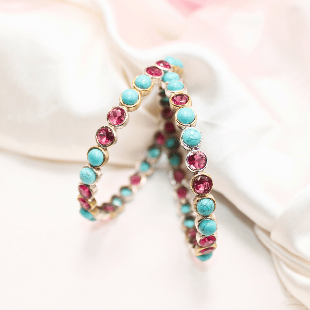 DUAL - TONE ROUND STONE BANGLES - SET OF 2 - Turq&ruby