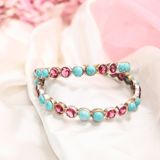 DUAL - TONE ROUND STONE BANGLES - SET OF 2 - Turq&ruby