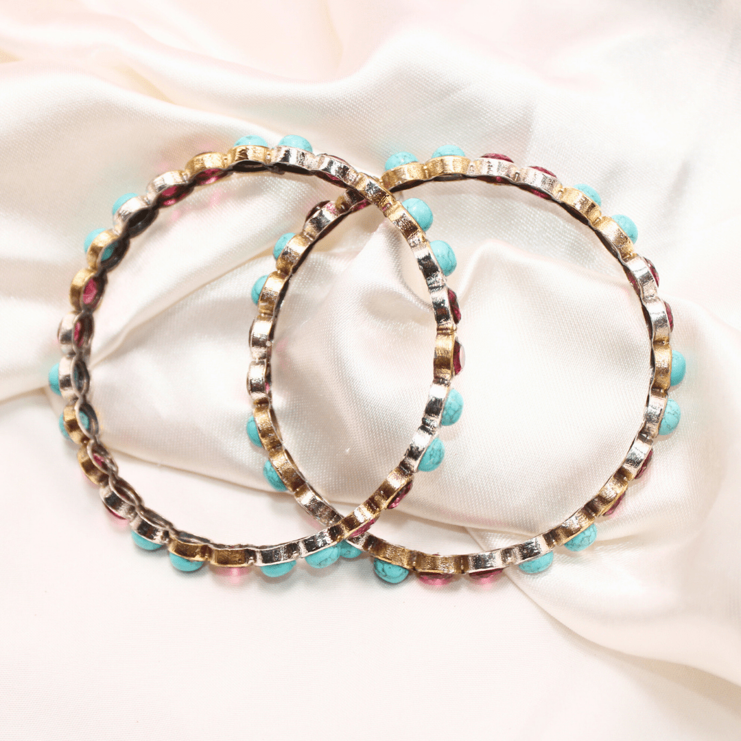 DUAL - TONE ROUND STONE BANGLES - SET OF 2 - Turq&ruby