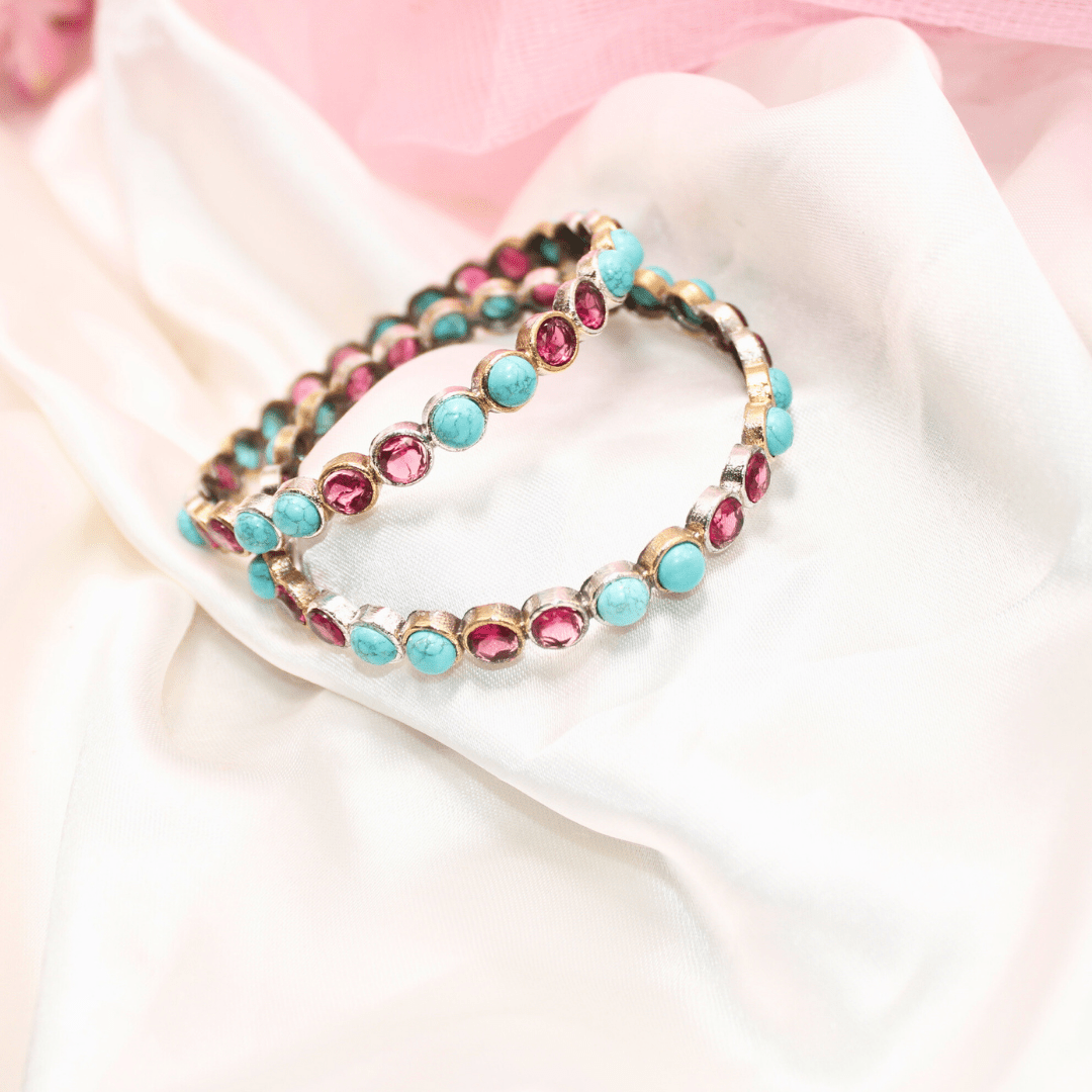 DUAL - TONE ROUND STONE BANGLES - SET OF 2 - Turq&ruby