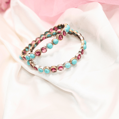 DUAL - TONE ROUND STONE BANGLES - SET OF 2 - Turq&ruby
