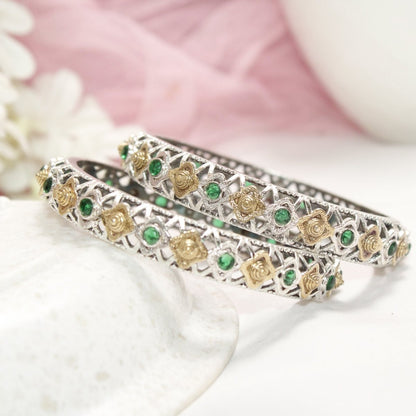 DUAL-TONE TRIKON JAALI RAJPUTANA BANGLE PAIR-SET OF 2 BANGLES-GREEN