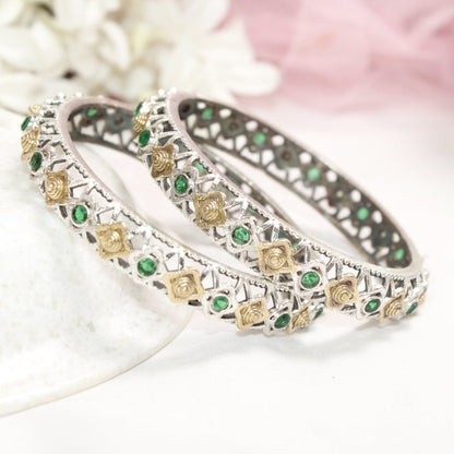 DUAL - TONE TRIKON JAALI RAJPUTANA BANGLE PAIR - SET OF 2 BANGLES - GREEN