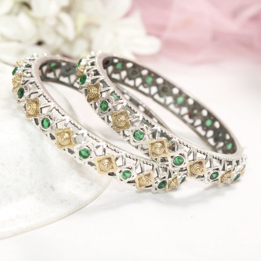 DUAL - TONE TRIKON JAALI RAJPUTANA BANGLE PAIR - SET OF 2 BANGLES - GREEN