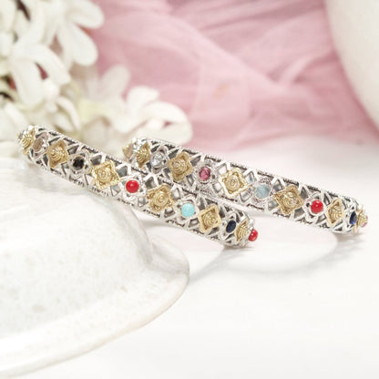 DUAL-TONE TRIKON JAALI RAJPUTANA BANGLE PAIR-SET OF 2 BANGLES-NAVRATNA